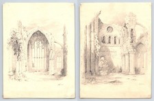Two Antique Pencil Drawings: Scotland. Melrose Abbey.