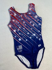 GK ELITE Gymnastics Leotard PATRIOTIC Olympic Rings TEAM USA Flag BLING Size AXS