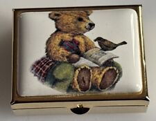 Vintage Teddy Bear Porcelain Pill Box Pressed Metal Goldtone