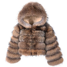 2025  Natural Real Raccoon Fur Coat with Hat Women'S Winter Fur Jacket Luxury Le