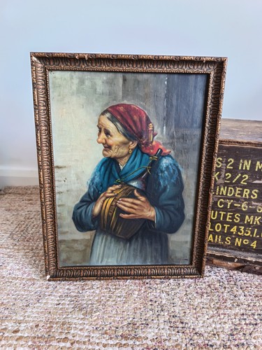 Antique old lady oil canvas - oil,