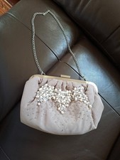 Faith Solo Champagne Hand Bag, Short Chain Strap, Clasp Closure Bead & Pearl