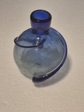 Hand Blown Crackled Glaze Blue Glass Vase With Swirling Decorative Piece VGC