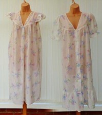 B49 VTG SEMI SHEER 70'S WHITE FLORAL NIGHTDRESS & BUTTON NEGLIGEE SET 16/18 44"