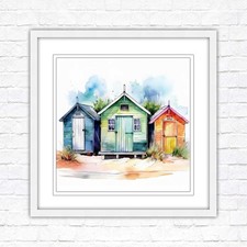 Beach Huts, Framed picture print. Square frame watercolour beach huts print. A c
