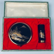 VINTAGE MOUNT FUJI JAPANESE DAMASCENE COMPACT & LIPSTICK IN PRESENTATION CASE