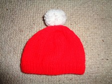 Doll / Teddy Bear Red Hand Knitted Bobble Hat with White Pom Pom