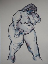 Pen & ink wash drawing after / in the style of Lucian Freud of a woman sleeping