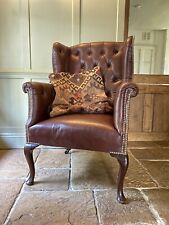 Antique Early C20th Button Wing Back Brown Leather Chesterfield Armchair
