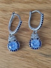 Silver 925 Earrings With CZ Tanzanite Colour Stones, Round Huggie Hoop Dangle