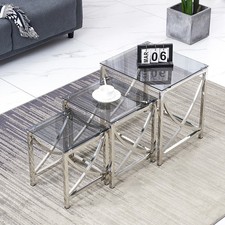 Set of 3 Glass Coffee Table Side End Table Metal Legs Living Room Furniture