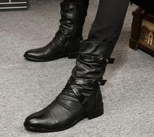 Mens Biker Fashion Punk Pleated Rivets Buckles Pointy Toe Ankle Boots Shoes Size