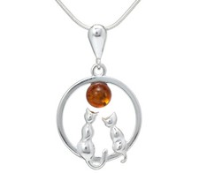 NATURAL BALTIC AMBER  STERLING SILVER 925 Necklace PENDANT Circle Round Cat