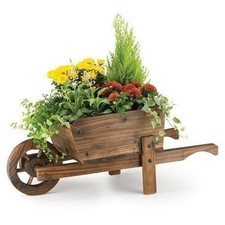 Burnt Wood Garden Wooden Wheel Barrow Planter Flower Cart Ornamental Pot Trolley