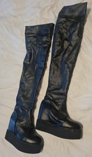 Black Faux Leather Platform and Hidden Wedge Heel Over Knee Boots Womens Size 5