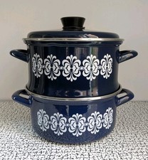 60s 70s Vintage Retro Blue Floral Enamel Double Pot Pan Saucepan Veg Steamer MCM