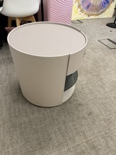 Modern Round Bedside Table with Drawer and Glass Shelf - Beige faux  Leather