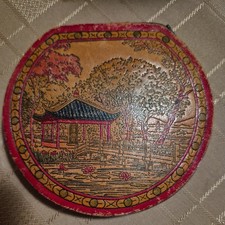 Vintage antiques POWDER COMPACT box with mirror Zip close Leather China Scene