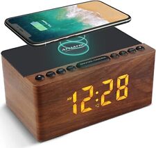 ANJANK FM Radio Alarm Clock Bedside Wooden with Wireless & USB Charging, speaker