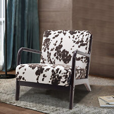 Cow Print Accent Chair Modern Armchair with Walnut Solid Wooden Frame & Armrest