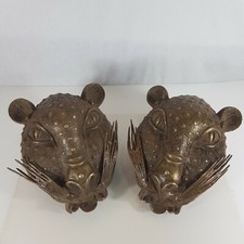 Pair Of Decorative Bronze Leopard Heads / Masks Nigeria African Tribal Art 