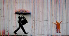 BANKSY RAINBOW UMBRELLA  - FRAMED CANVAS WALL ART DECOR 30X20 INCHES