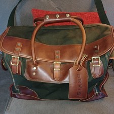 LG VINTAGE ORVIS LEATHER/CANVAS TAN/GREEN LUGGAGE HOLDALL 20"X14"X8" SUN DAMAGE