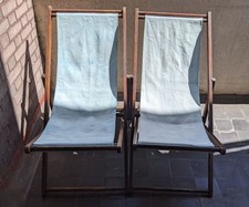 2x Vintage Retro Hand Wood Folding Canvas Sun Lounger Garden Deck Chairs