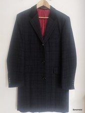 Men's Wool Long Coat Italian Cashmere Dark Blue Check Velvet Collar 40R - FERAUD