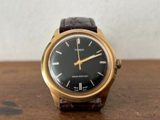 VINTAGE TIMEX MARLIN BLACK DIAL GOLD PLATED MANUAL WIND WATCH - SPARES OR REPAIR
