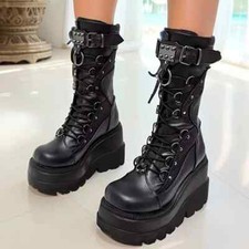 Brand New Ladies Goth Platform Boots Fashion Rivet Buckle Punk Wedges High Heels