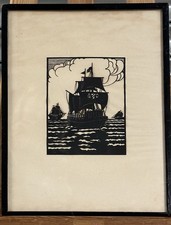 Striking Antique c1900 Woodcut Print Of Sailing Ships At Sea - Nautical Scene