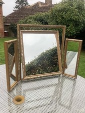 Vintage Vanity Mirror Tri Fold 1960s Gilt Gold Wood Ornate Leaves Large Rococo