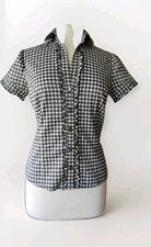Vintage Van Der Elst gingham monochrome blouse S stretch ruffle boho gypsy shirt