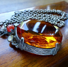 vintage signed MIRACLE 1970s amber glass Celtic pendant long chain necklace -497
