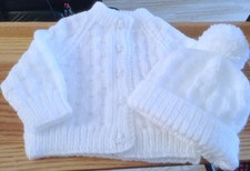 Babies Cardigan With Matching Bobble Hat New Hand Knitted 0-3 Months White