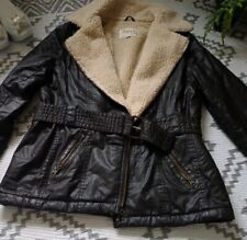 M&S Black Smart Sheepskin Style Aviator  Belted Jacket Coat 10 12 