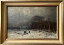 Oil Painting Anonymous Winter Landscape With Hunters And Dogs Um 1900