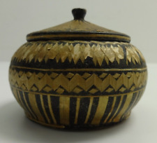 Trinket Box Vintage Russian Turned Wood Straw Marquetry Handmade Smalls Storage