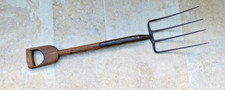 Vintage Garden Fork  border fork wood wooden D handle. Long Prongs.