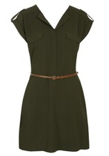 Ex F&F Khaki Green Crepe Belted Military Style Shirt Mini Dress Tunic  Size 8-22