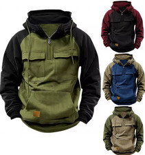 Mens Cargo Hoodies Tops Combat Work Military Solid Baggy Zip Hooded Sweatshirt.