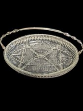 Vintage Pressed Glass Divided Serving Dish with Silver Plated Stand Mid Century