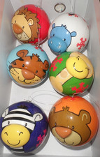 6 Multicoloured Christmas Tree Baubles With 3D Animal Face Ornaments
