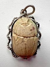 Lot of 3 Vintage Silver Mounted Scarab Pendants – Egyptian Revival Carved Stone