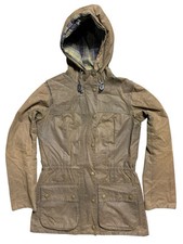 Barbour Vintage Durham Wax Jacket Womens Slim Size 8 Hooded Olive Green Waxed