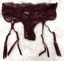 Quality Sexy Burgundy Flower Lace Thongs with Suspender Belts - Small (10) - New