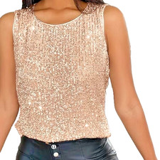 WOMEN'S SPARKLY EVENING VEST TOP SIZE L CHAMPAG SEQUINS CHICME LADIES PARTY XMAS