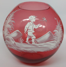 Vintage Cranberry Glass Vase – Hand Engraved Boy & Butterfly Scene – Etched Art