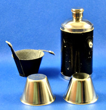 Stainless Steel 6oz Cylinder HIP FLASK with 2 CUPS & Black LEATHER Protection